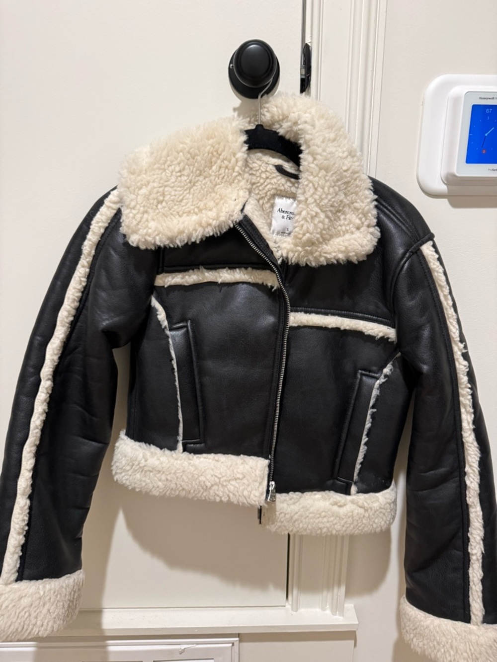 Abercrombie & Fitch Black Jacket with Cream Shearling Trim